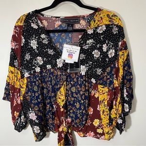 Polly & Esther Boho Patchwork Tie Front blouse M